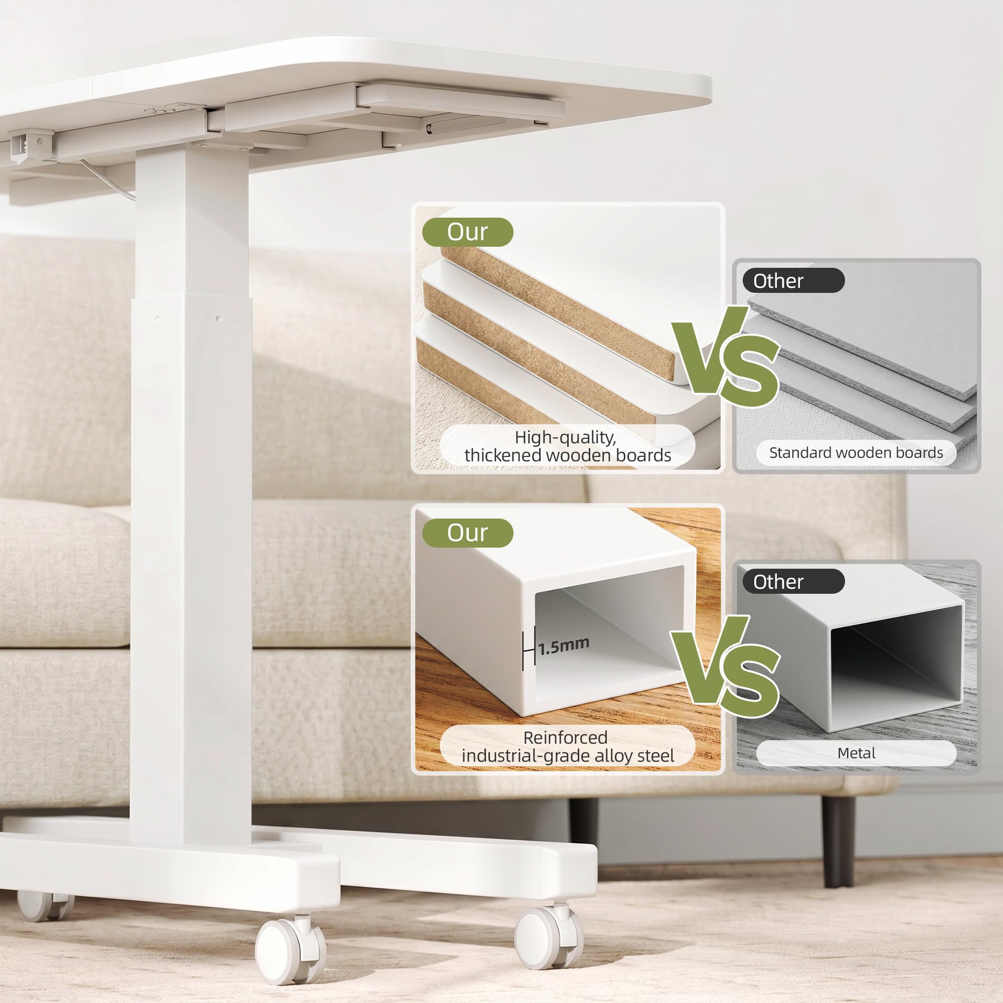 Mesa Cama Ajustable en Altura, Gran Superficie 100cm, con Ruedas con Freno, Pistón Gas, Escritorio/Portátil Forma C Robusto, Mesa Sofá Móvil para Salón, Dormitorio, Office,Blanco