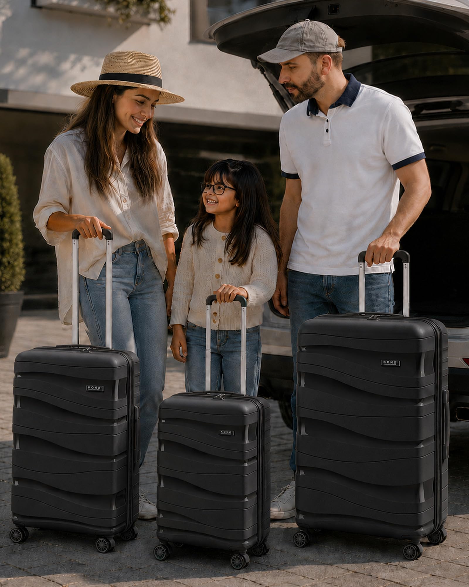 KONO Großer Reisekoffer, Robuster Hartschalenkoffer mit TSA-Schloss | 360° Doppelrollen und YKK-Reißverschluss, Leichter Rollkoffer für Familienurlaub und Fernreisen, Schwarz