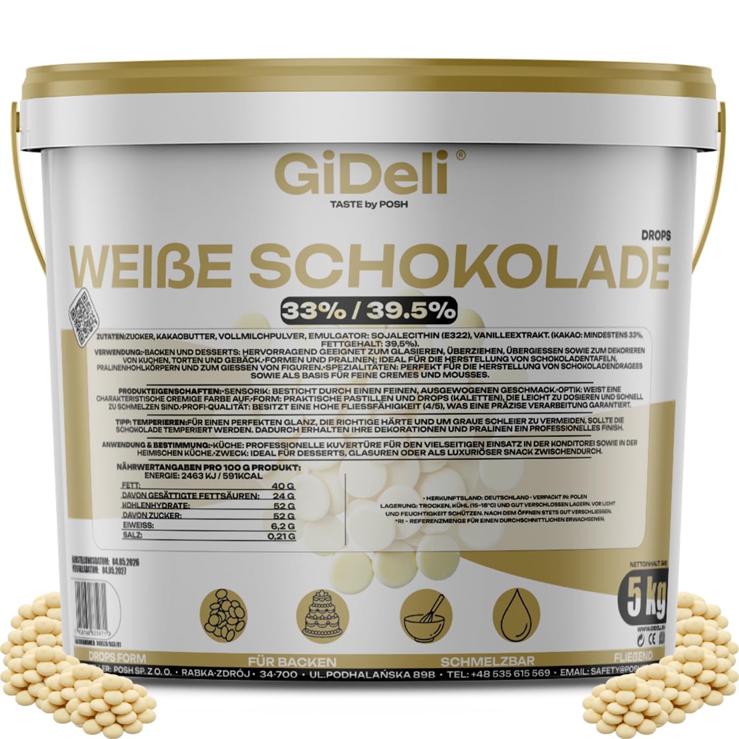 GiDeli Weiße Schokolade Drops 5kg im Eimer - Kuvertüre mit Kakaobutter & 33% Kakao - Backschokolade zum Schmelzen - Einfache Dosierung - Ideal für Pralinen, Ganache & Schokoladenfondue