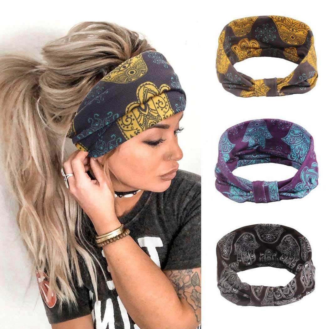 Earent Boho African Headbands Yoga Wide Knot Hair Bands Sweat Printed Headwraps Elastic Turban Headscarfs Multicolor Headwear Outdoor Hair Accessories for Women and Girls (Boho 3)
