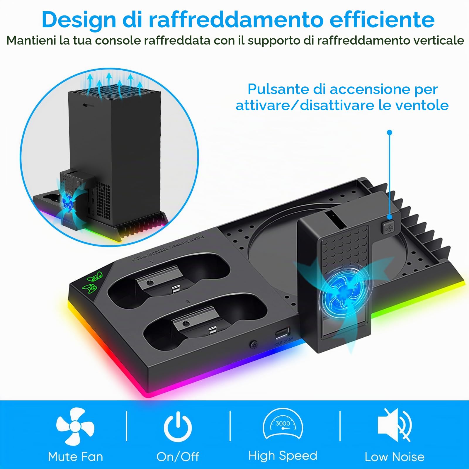 FYOUNG Supporto di raffreddamento aggiornato e stazione di ricarica per console e controller Xbox Series X, sistema di raffreddamento della ventola con 15 luci RGB e 2 batterie ricaricabili da 1400