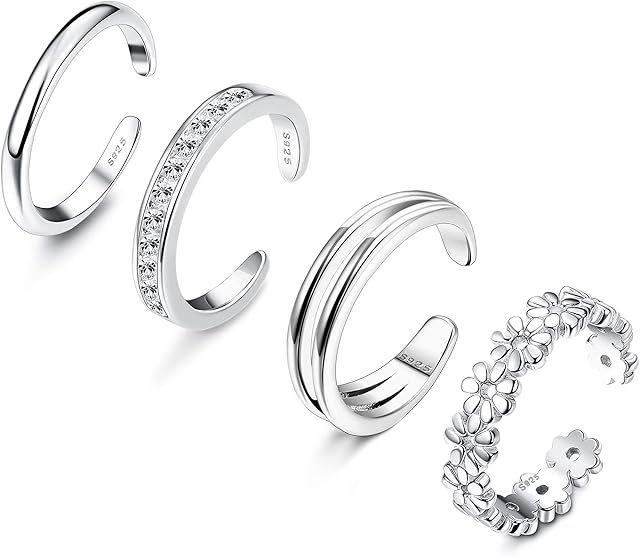LOLIAS 4Pcs 925 Sterling Silver Toe Rings Set Finger Ring Joint Ring for Women Girls Hypoallergenic CZ Adjustable Open Toe Rings Tail Finger Flower Rings Set Beach Foot Ring Jewelry