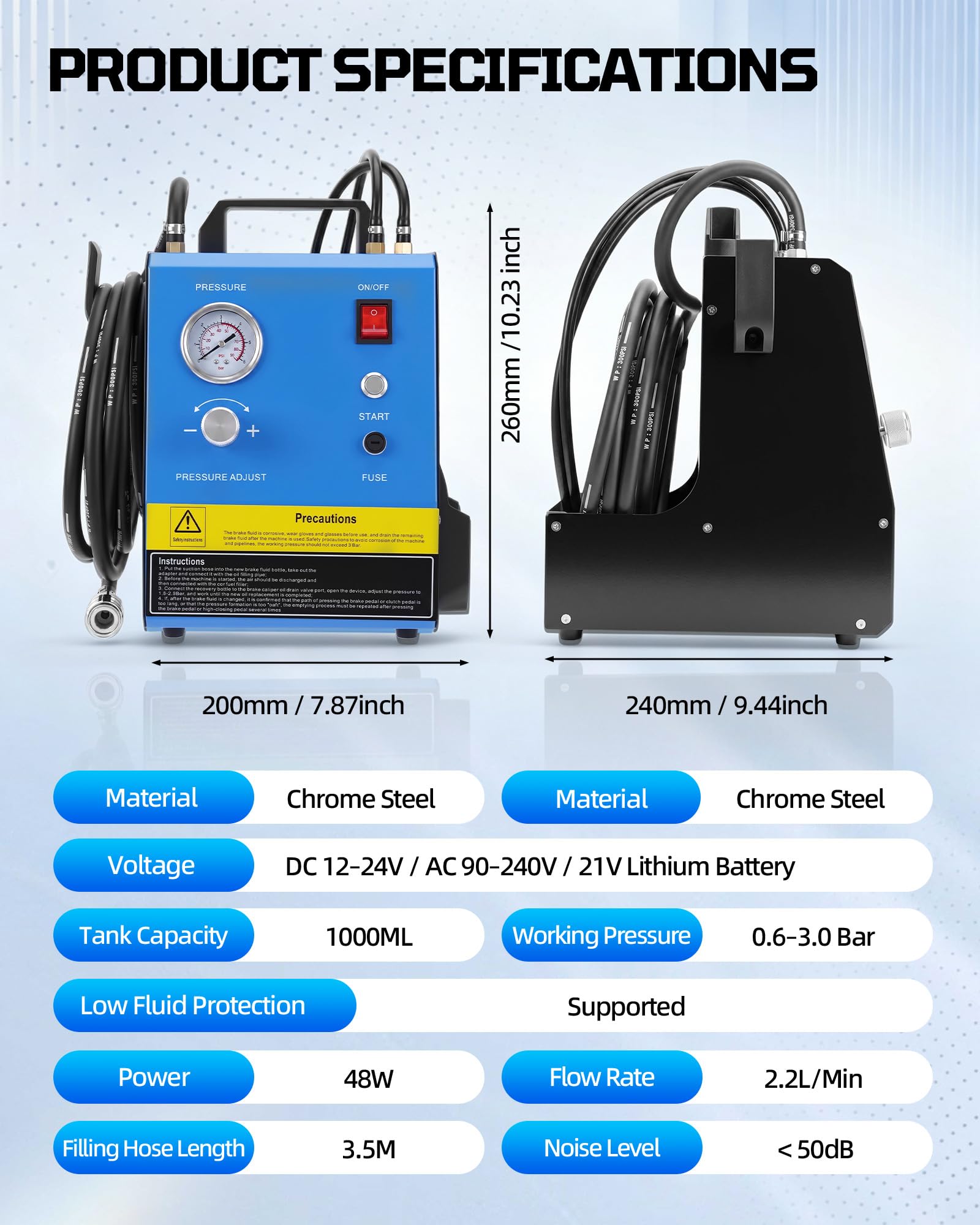 Dispositivo di spurgo per freni elettrico, batteria 12 V/24 V/AC 90-240 V, cambio liquido dei freni 0,6-3,0 bar con indicatore di pressione, serbatoio da 1000 ml, tubo da 3,5 m, set universale