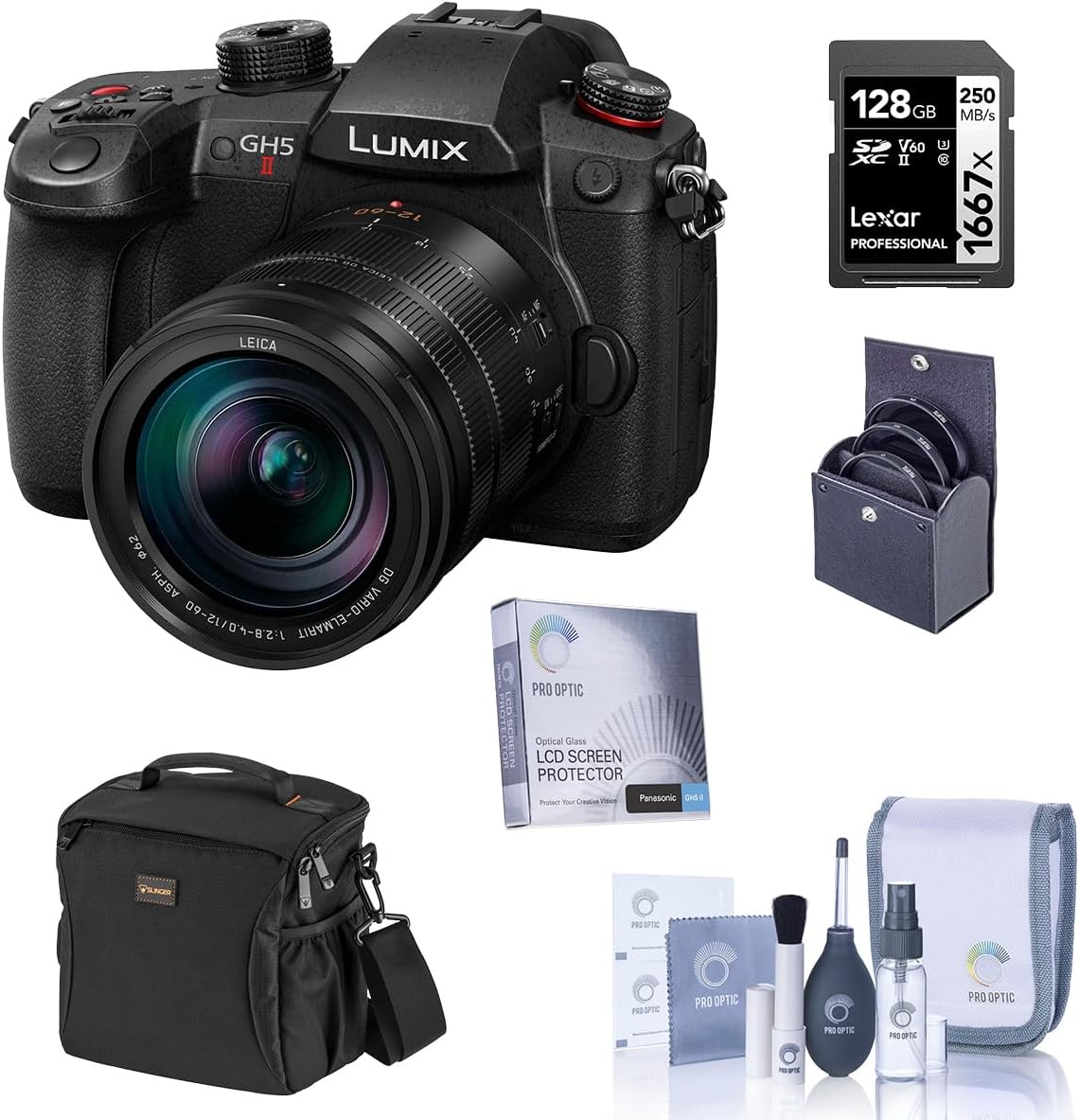Panasonic LUMIX GH5II Mirrorless Camera with Leica 12-60mm f/2.8-4.0 Lens Bundle 128GB SD Card, Bag, Filter Kit, Screen Protector, Cleaning Set
