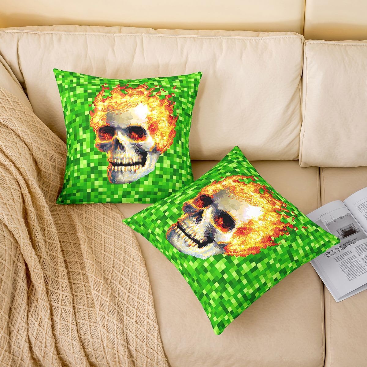 Fire Skull Pillow Cover Pack of 1,Green Pixelated Flame Skull Design Throw Pillow Cover 22"x22",Halloween Skeleton Grids Cushion Case Set for Bedroom Office,Retro Pixel Cushion Covers for Kids Adults image 3