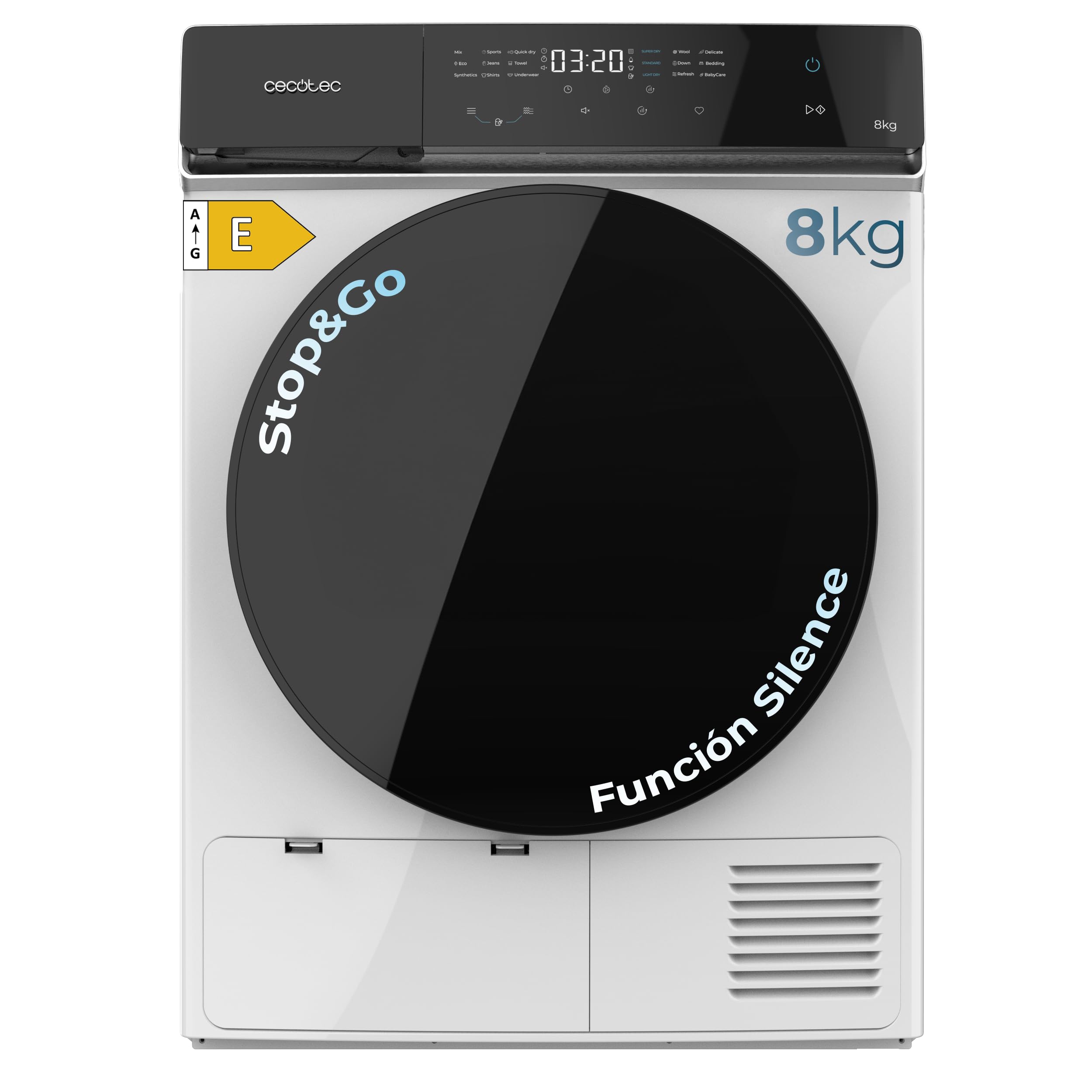 Cecotec Secadora de Ropa 8Kg Bomba de Calor Bolero DressCode Dry 8400 Max+ | Clase Equivalente A++, Control Táctil, 15 Programas, Secado Automático, Planchado Fácil, Tambor Giro Bidireccional, Blanco