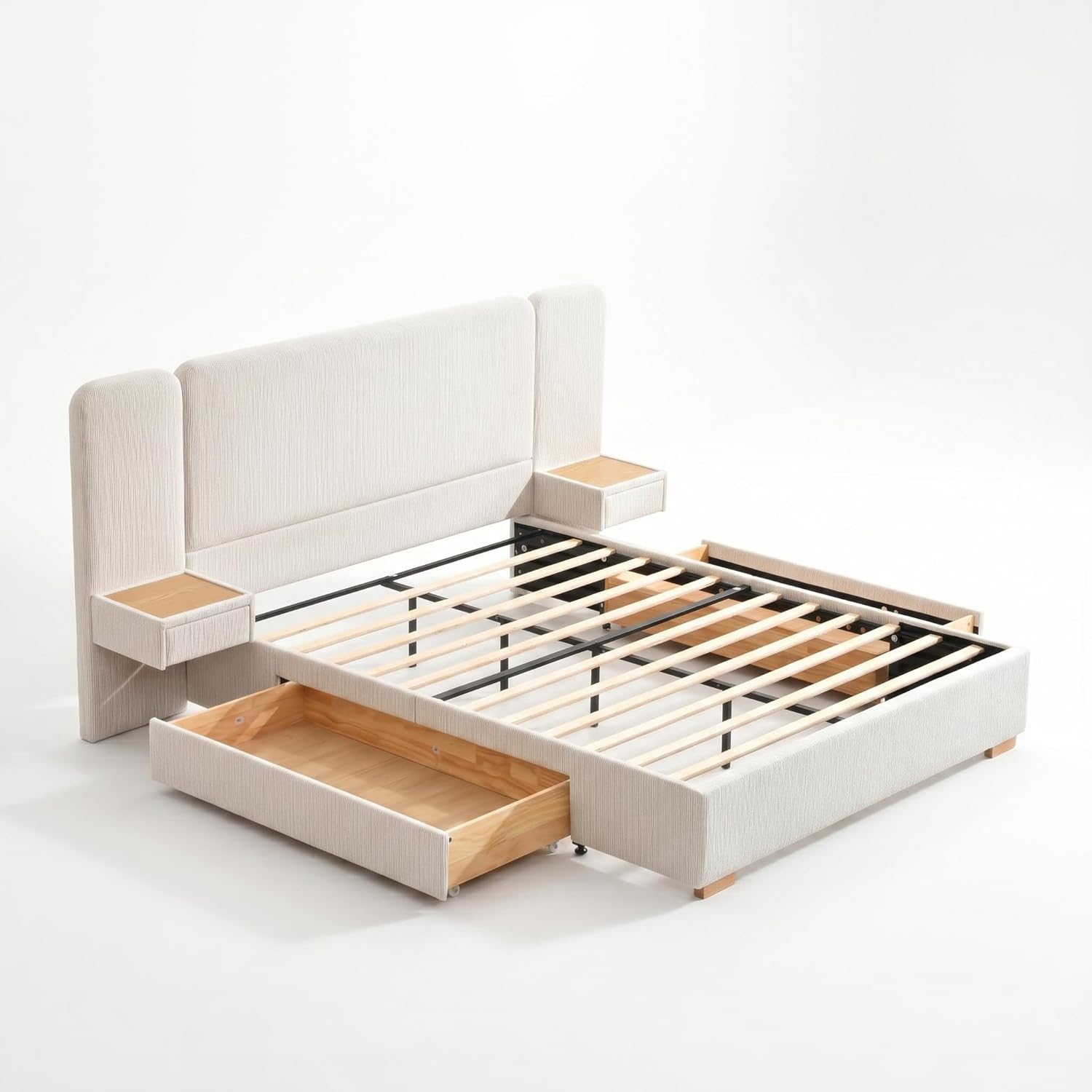 Queen Size Platform Bed Frame with 2 Built-in Nightstands, Wood Bed Frame with 2 Storage Drawers, Luxury Bed Frame with Chenille Upholstered Headboard, Easy Assembly, No Box Spring Needed, Cream