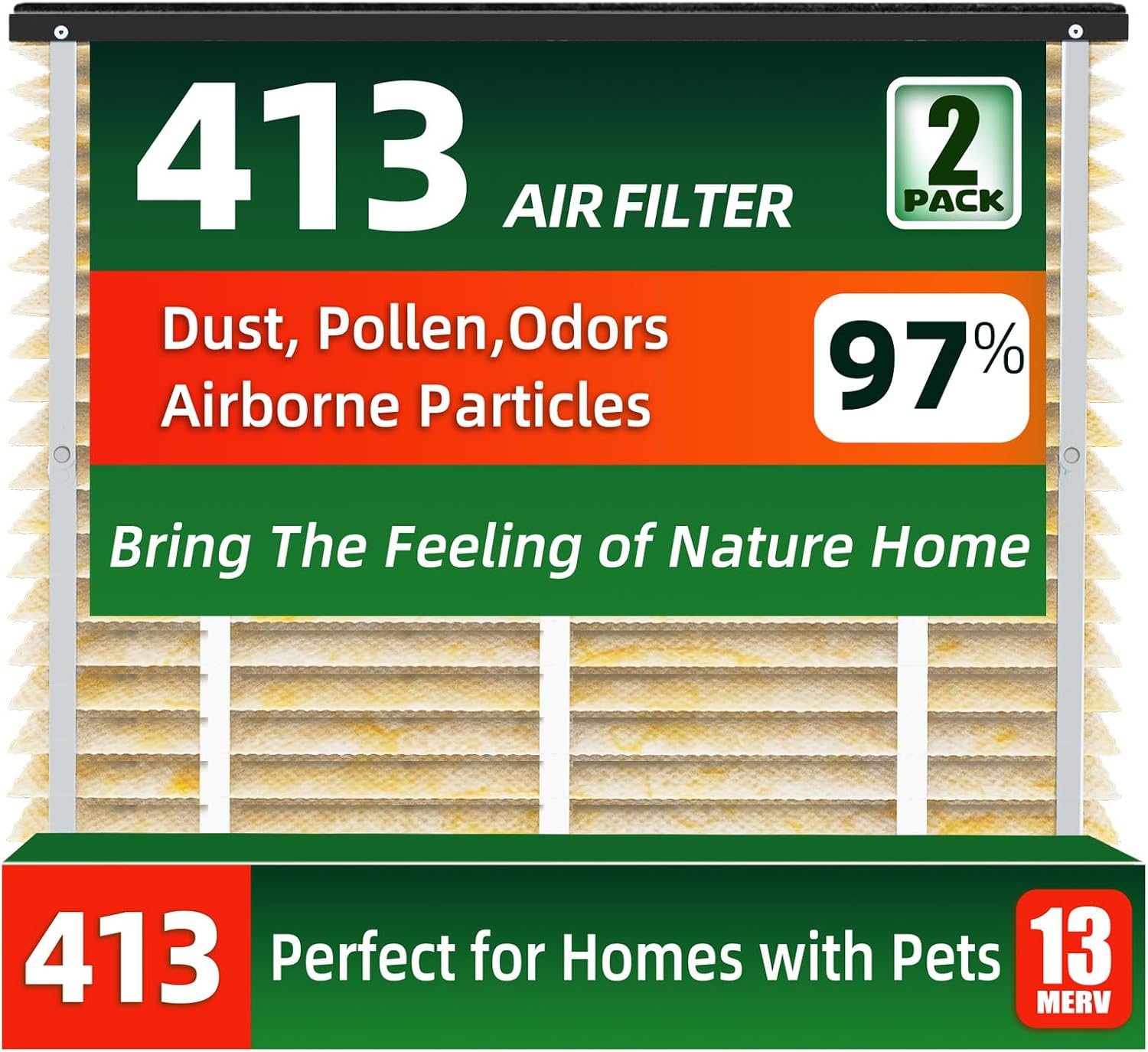 2 Pack 413 Bamboo Air Filter Replacement MERV 13 Fit for AprilAire Models 4400, 3413, 2416, 2413, 1610, 1413, 16x25x4 Furnace Filter, 413 Whole House Air Purifiers Replacement Filter