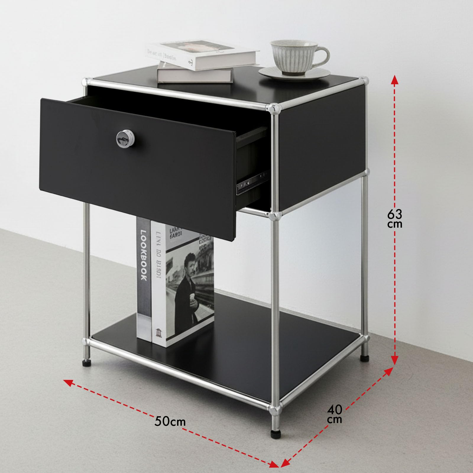 Floordirekt Regal, Metallregal, Beistelltisch - Schwarz, Chrom, 63Hx50Bx40T cm - Modulares Stecksystem im modernen Design, Metall Regal für Wohnzimmer, Büro, Flur - Nachttisch Concept Epure MK-139