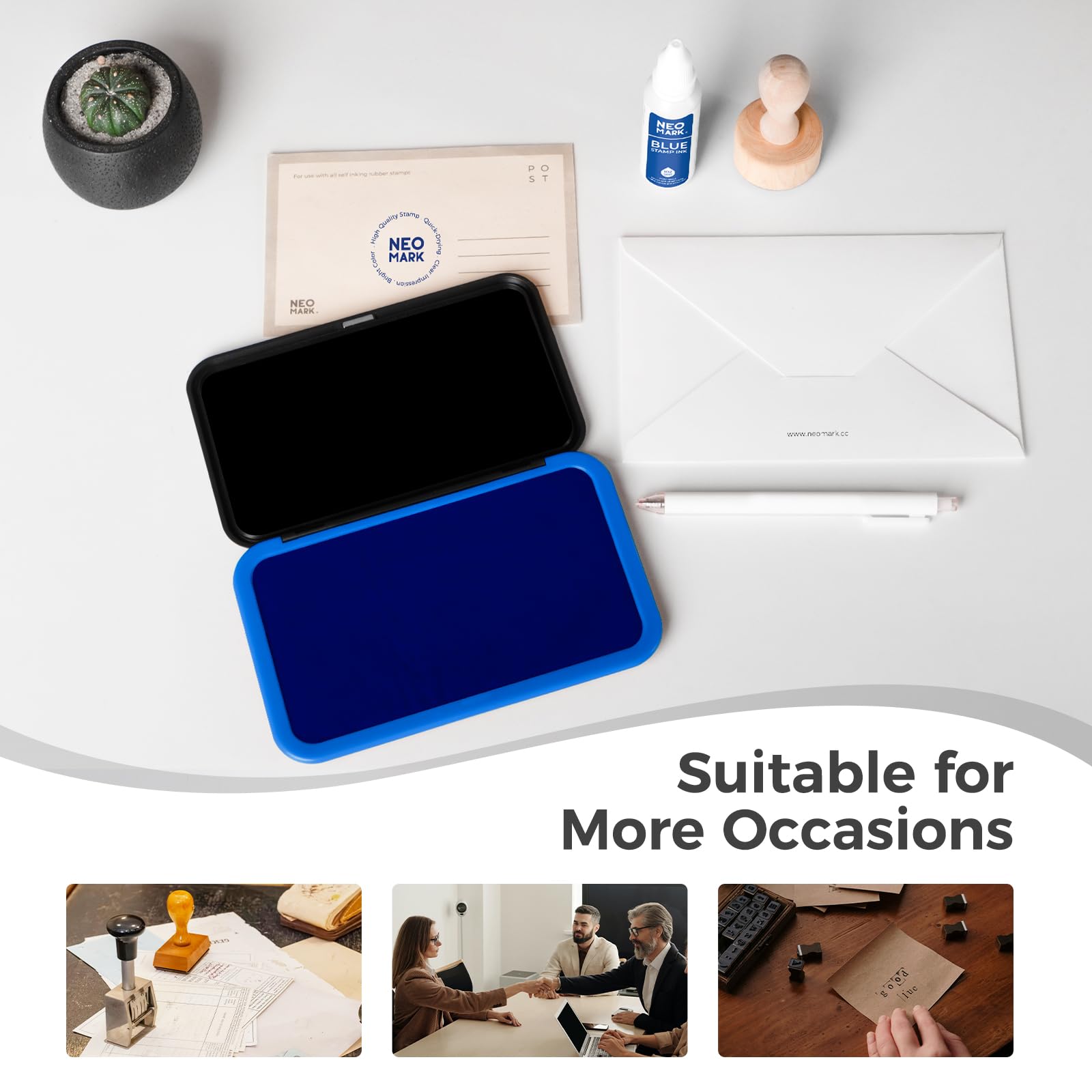NEO MARK Kit de almohadillas de sello azul grande (tinta de 1 onza incluida), innovador diseño de tapa magnética, almohadilla de fieltro de alta calidad para oficina y hogar, 3.50 x 6.25 pulgadas
