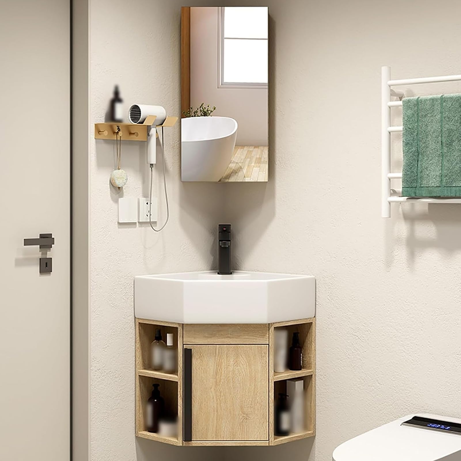 GLJTUO Modern Wall Mounted Ceramic Corner Bathroom Vanity with Cabinet and Storage Container Floating Bathroom Sink for Small Spaces,One Color-16inchx40cm