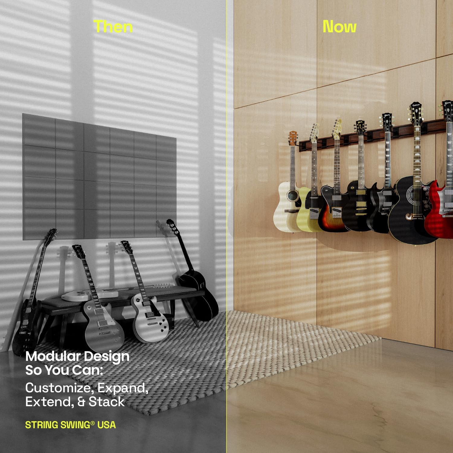 String Swing Guitar Wall Rack, Guitar Stand Mulitple Guitars, Hanging Guitar Stand for Acoustic & Electric Guitars, 10 Heavy Duty Padded Arm Hangers & Black Walnut Slatwall Rail - Made in USA