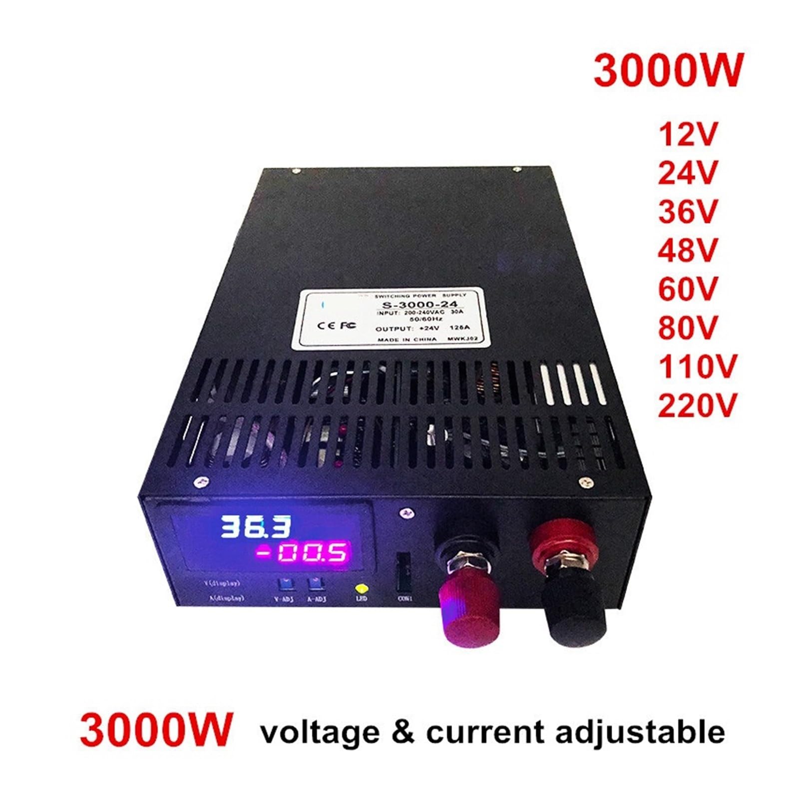 Zasilacz impulsowy 3000 W 12 V 15 V 24 V 36 V 48 V 60 V 80 V 110 V 220 V 250 V 300 V 350 V z regulowanym napięciem i natężeniem prądu (110 V, 0-300 V 0-10 A)