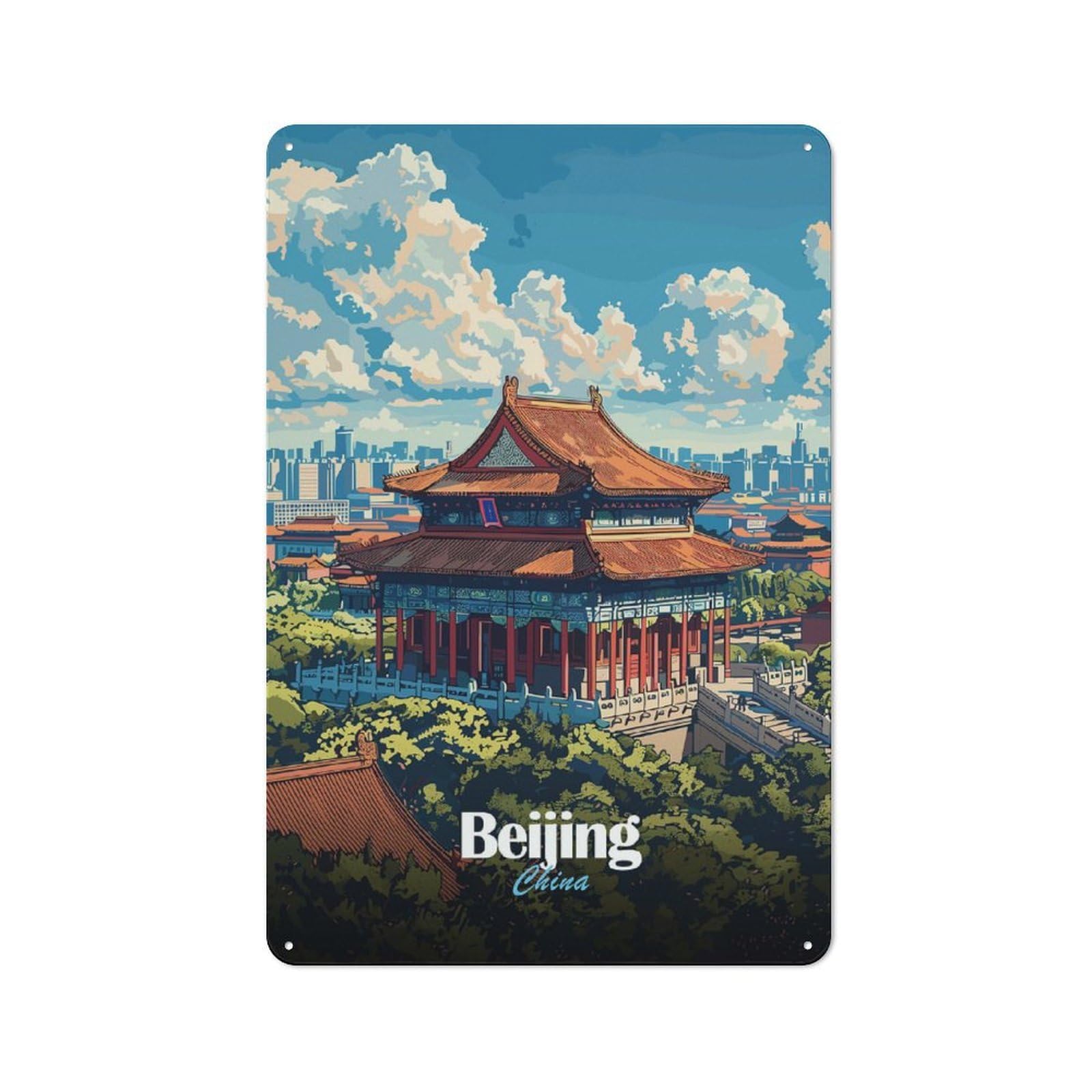 Junmoney Style-22 Beijing Cityscape Rustic Metal Wall Sign 30X20cm For Bar Or Restaurant, A Decorative Metal Sign For Bars And Restaurants