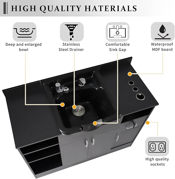 Black Shampoo Backwash Station for Salons, Salon Station with Shampoo Bowl & Storage Cabinet, Drawer,10V Outlets, USB Port, Suitable Height Match with Shampoo Chair, Salon Equipment for Spa Beauty