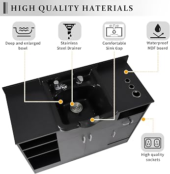 Black Shampoo Backwash Station for Salons, Salon Station with Shampoo Bowl & Storage Cabinet, Drawer,10V Outlets, USB Port, Suitable Height Match with Shampoo Chair, Salon Equipment for Spa Beauty