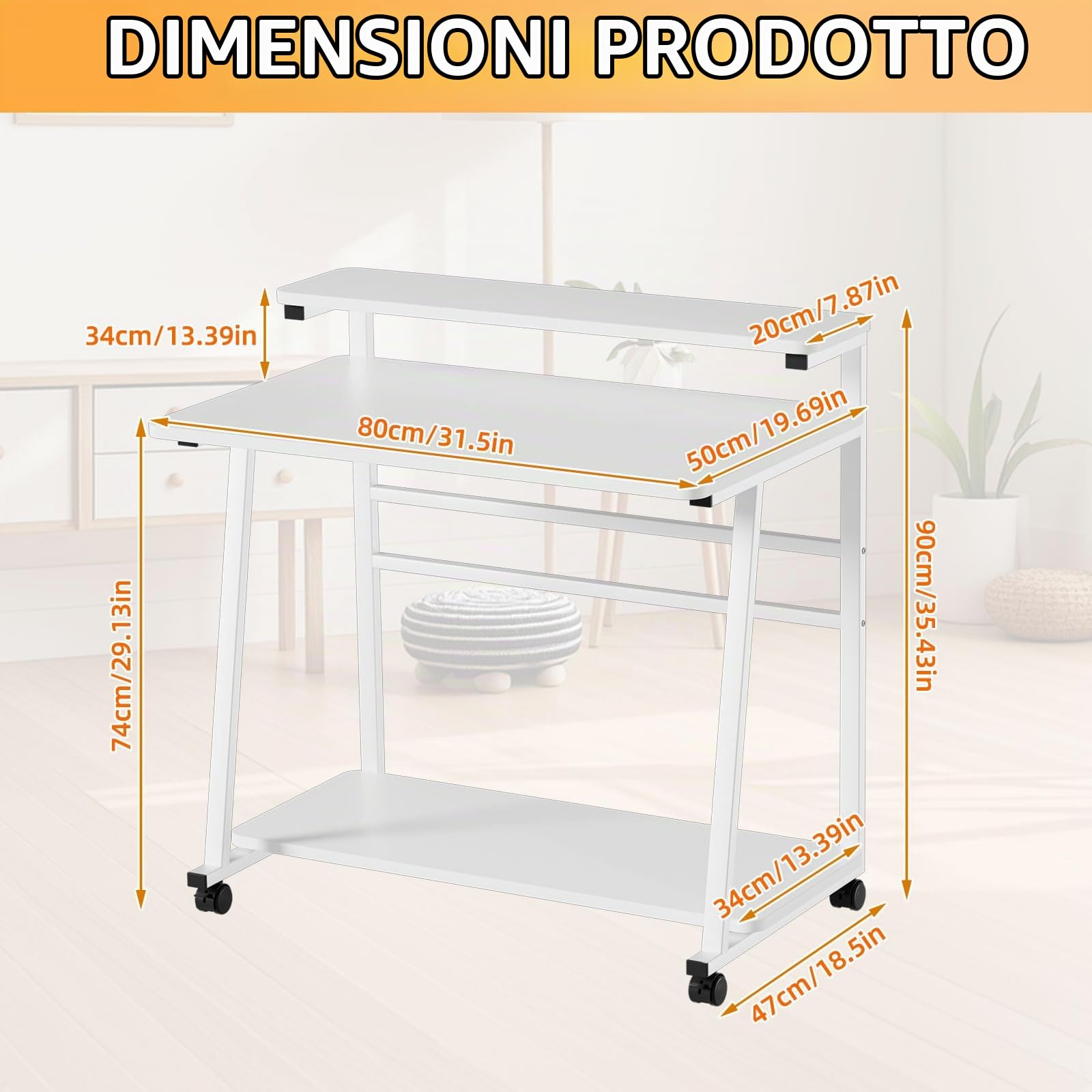 Scrivania per Computer con 4 Ruote Tavolo Porta PC Con spazio di archiviazione Scrivania per Computer Scrivania Ufficio Portatile Facile da Montare per Casa Ufficio Studio 80x50x90CM (Bianco)