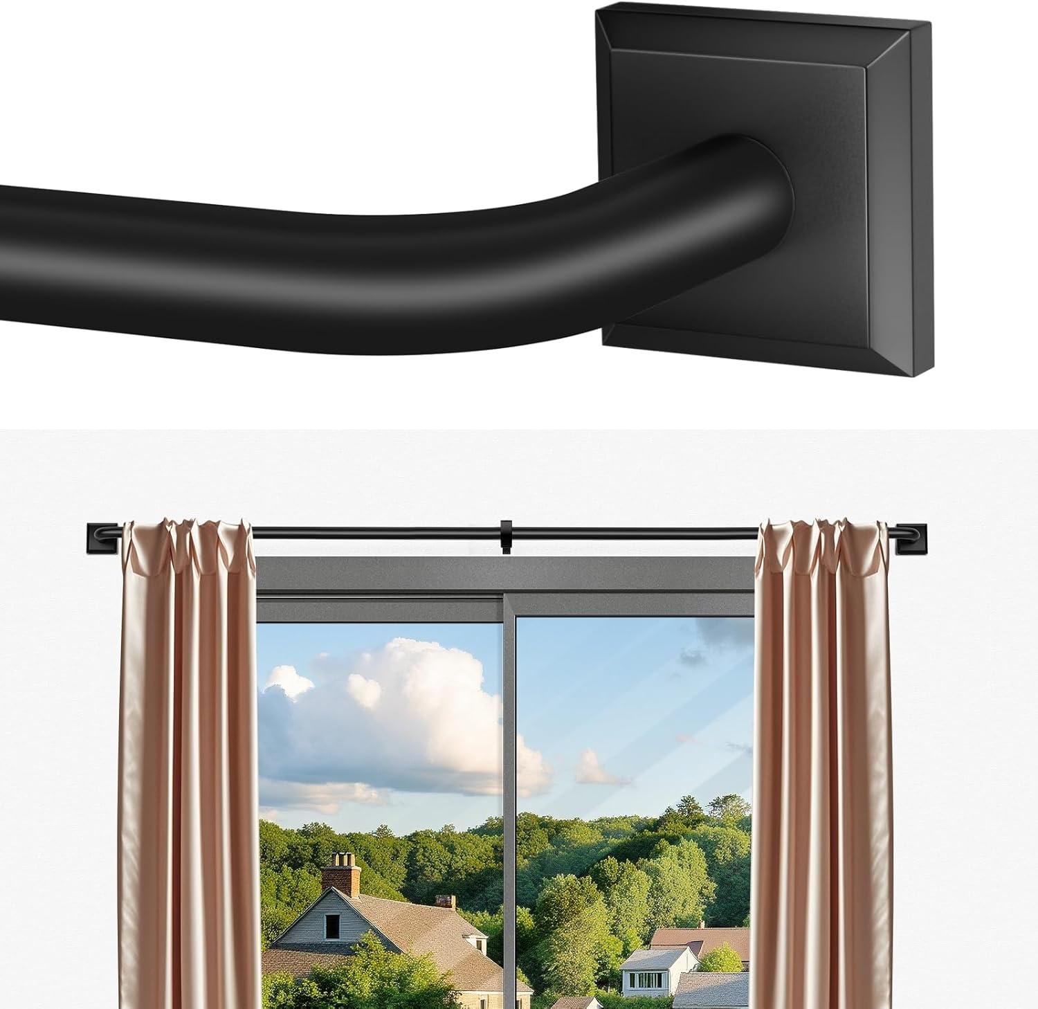 Black Curtain Rods for Windows 28-48Inch Heavy Duty French Return Rod, Wrap Around Blackout Curtain Rods, Adjustable Room Darkening Drapery Rod for Bedroom, Living Room, Sliding Door & Outdoor Patio Black 28"-48"