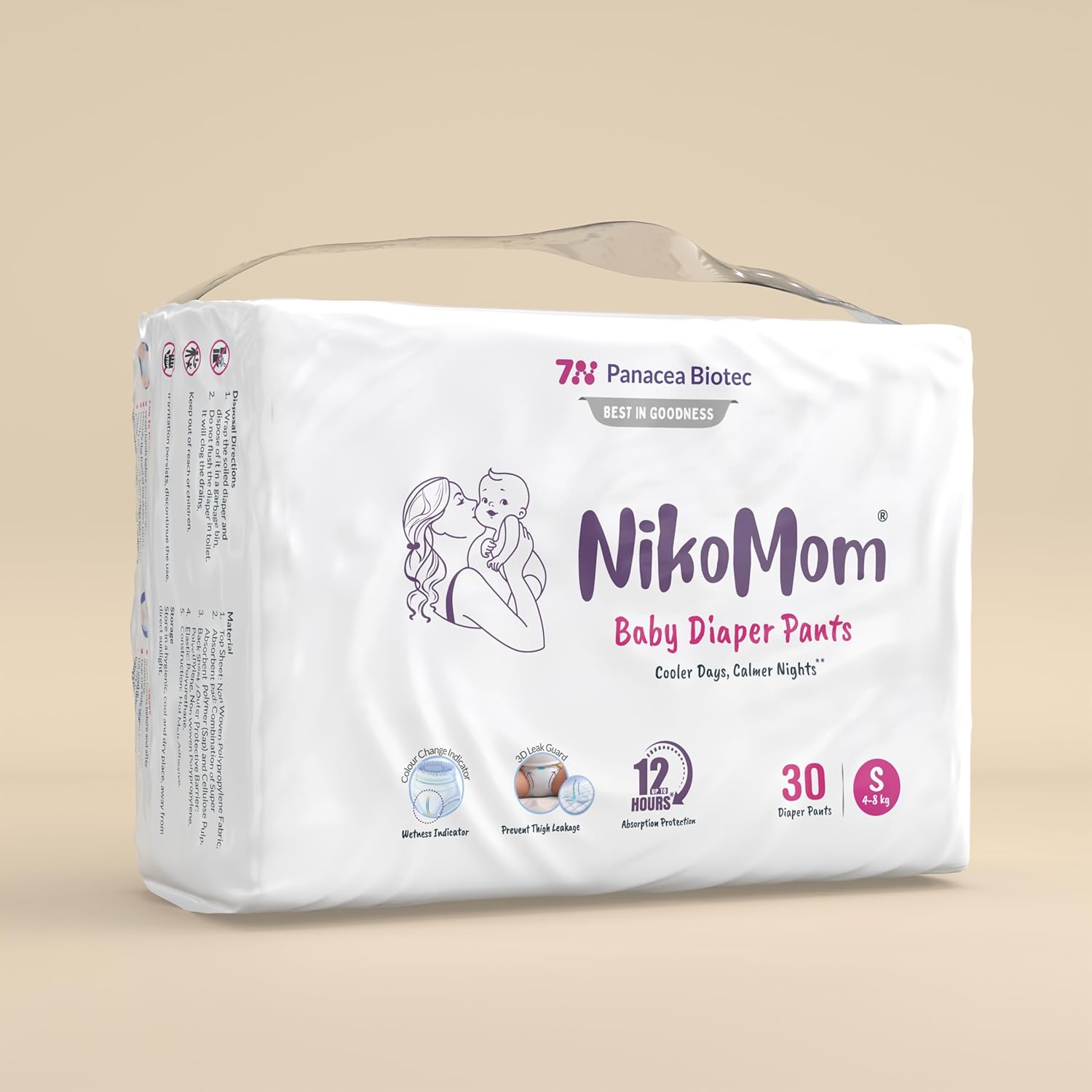 NikoMom Diaper Pants Small | Up to 330ml storage capacity for Babies Weighing 4-8 Kg | Pack of 30 Diapers Easy to Wear and Remove | Ultra Soft & Dry, Breathable All-Night Protection | Super Saver Pack