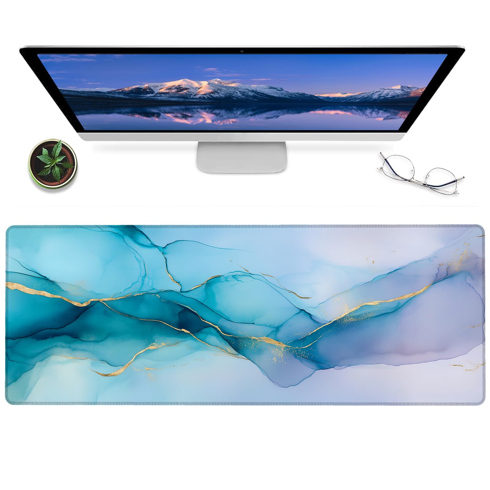 ainori Abstract Watercolor Marble Gaming Mouse Pad – 12x31.5in Non-Slip Rubber Desk Mat with Blue and Gold Design – Large Extended Mousepad for Office