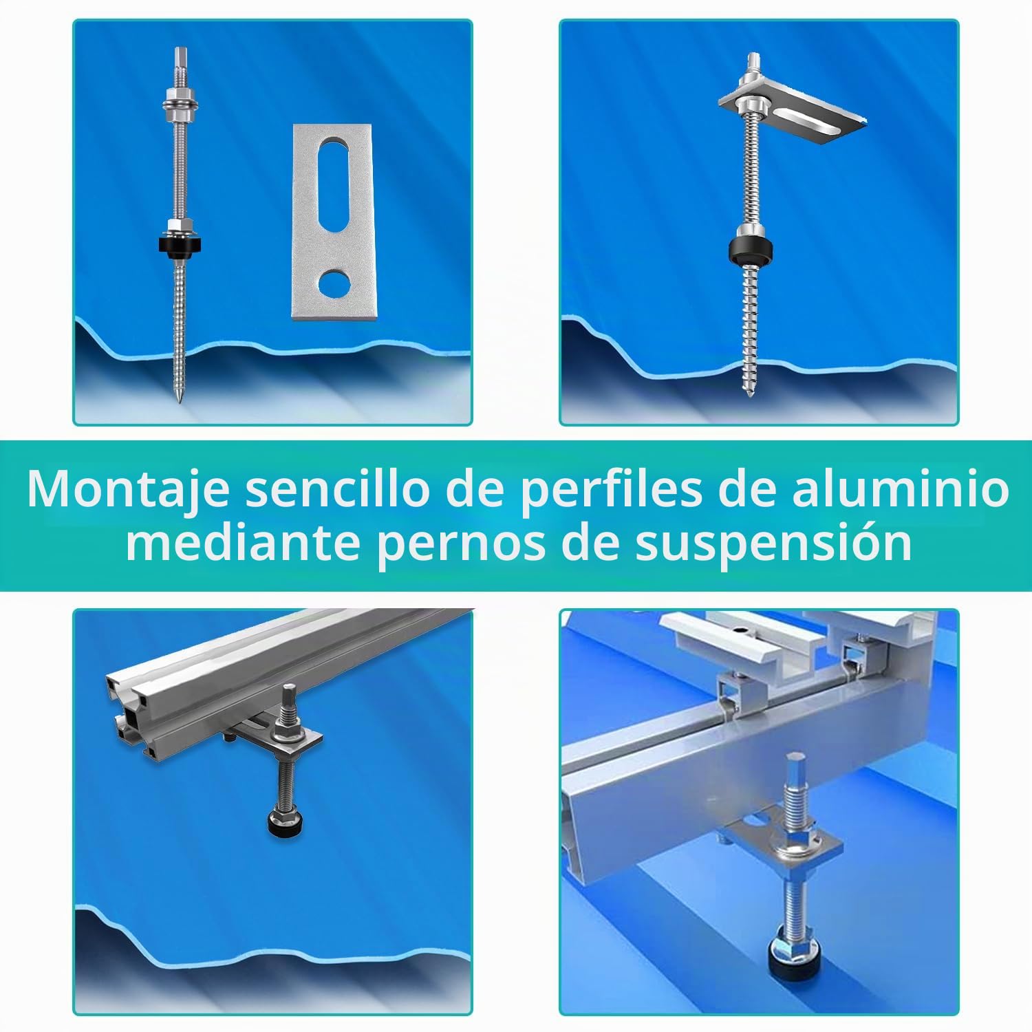 16 Piezas Tornillos de Acero Inoxidable, M10 x 200 mm, Tornillos de Soporte Placas Solares, Altura Regulable, con 16 Piezas Placa Adaptadora, para Fijación Solar Fotovoltaica