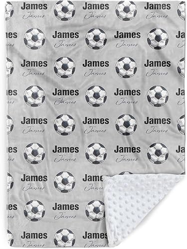 Miniatura 1 de Manta de fútbol personalizada, nombre personalizado con patrones de fútbol, manta de franela de felpa suave con respaldo punteado de doble capa para
