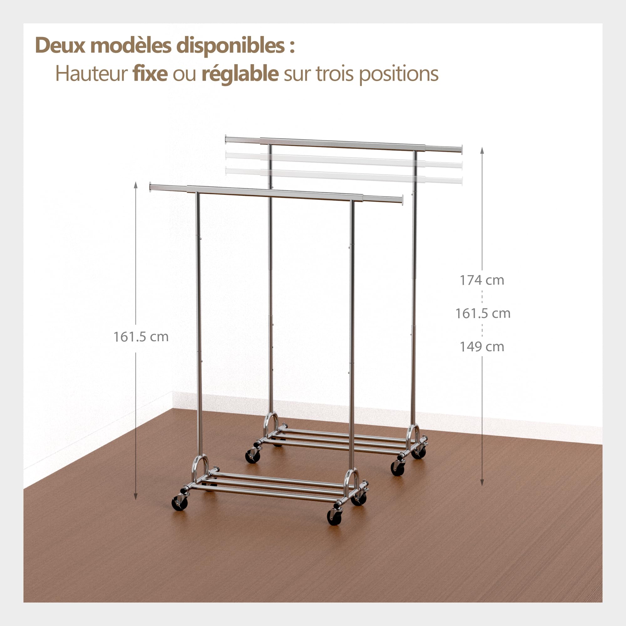 PORTENTUM Portant a vetement solide extensible avec roues et freins – Hauteur réglable entre 149 et 174 cm – Jusqu'à 180 kg de charge – Penderie en acier 45 x (92–132) cm de largeur