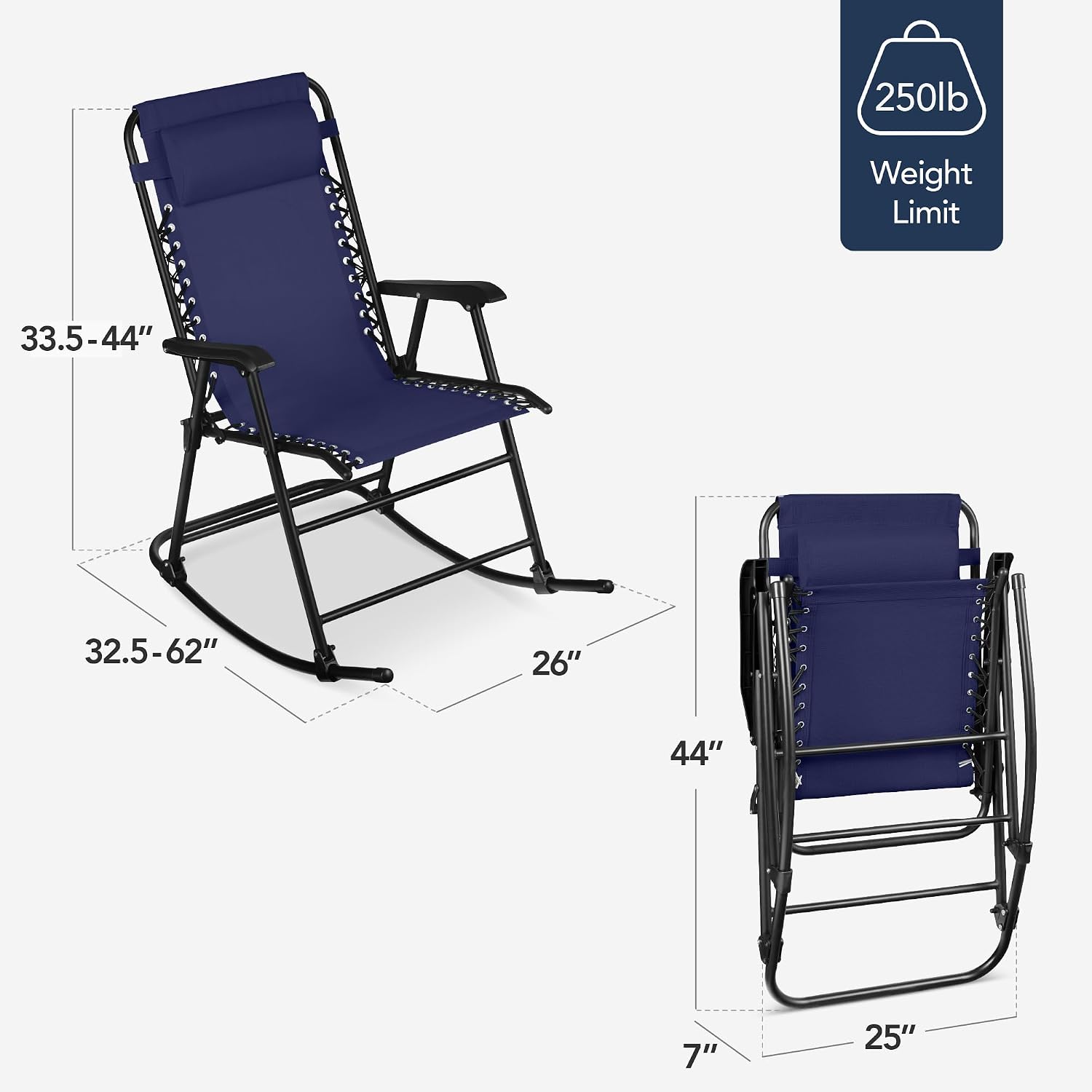Best Choice Products Outdoor Zero Gravity Rocking Chair, Folding Reclining Patio Lounge Chair with Adjustable Pillow for Lawn, Beach, Camping - Blue