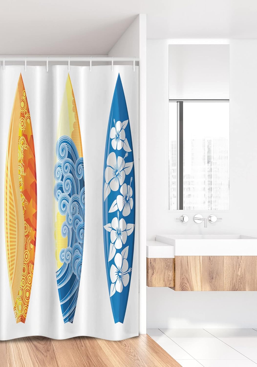 Ambesonne Surf Stall Shower Curtain, Ornate Colorful Surfboards Vocation Fun Water Sports Moving Waves Lifestyle, Fabric Bathroom Decor Set with Hooks, 36" W x 72" L, Blue Orange Yellow