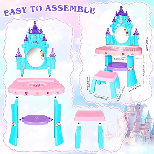 Miniatura 6 de Juego de mesa y silla para niños pequeños con espejo, luz y música, tocador para niñas con juguetes de peluquería para edades de 2 a 4 años,