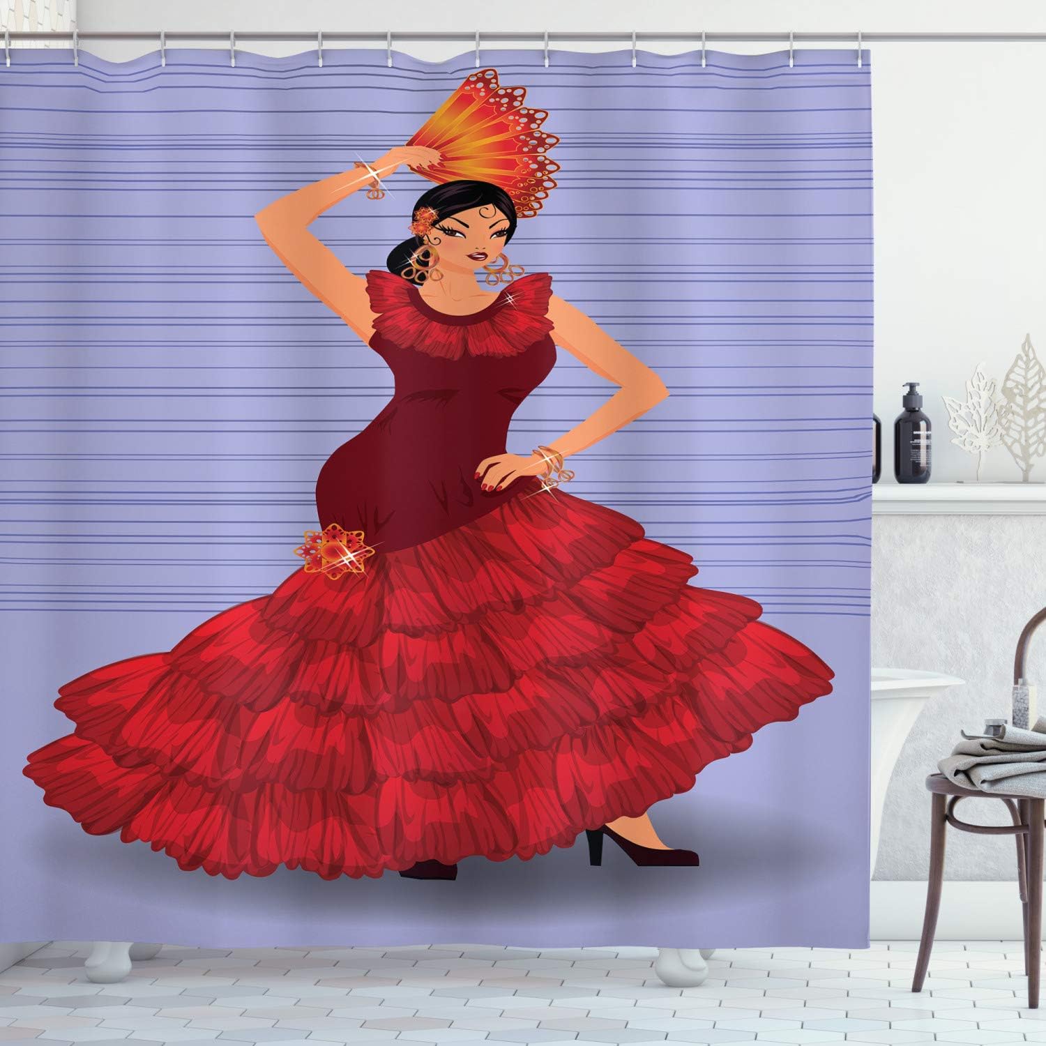 Ambesonne Spanish Shower Curtain, Daincing Cartoon Lady with a Fan and Ethnic Clothes, Cloth Fabric Bathroom Decor Set with Hooks, 69" W x 70" L, Maroon Vermilion