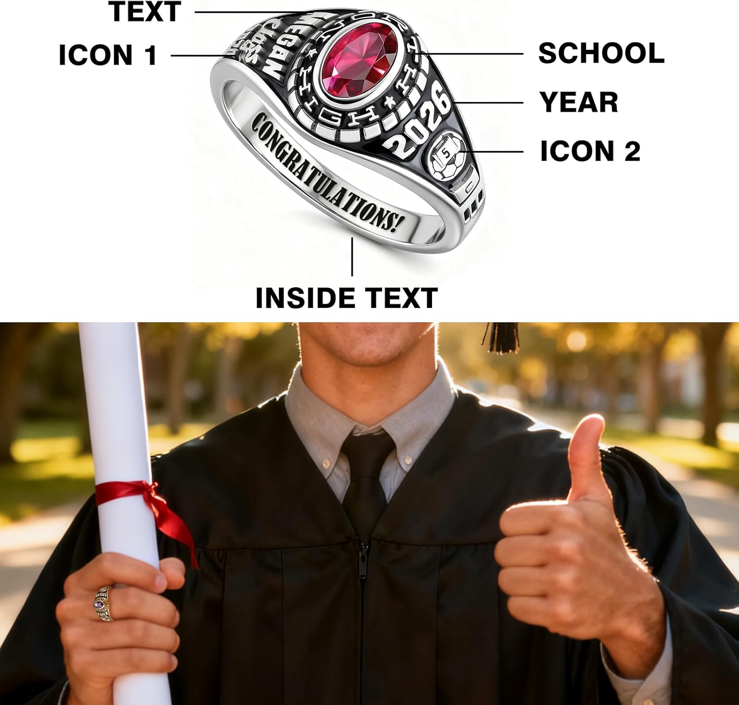Custom High School Class Ring for Women Men, 925 Sterling Silver Personalized Graduation Ring with Name, School, Year & Birthstone, Inside Engraving, University College of 2025 Graduation Gifts