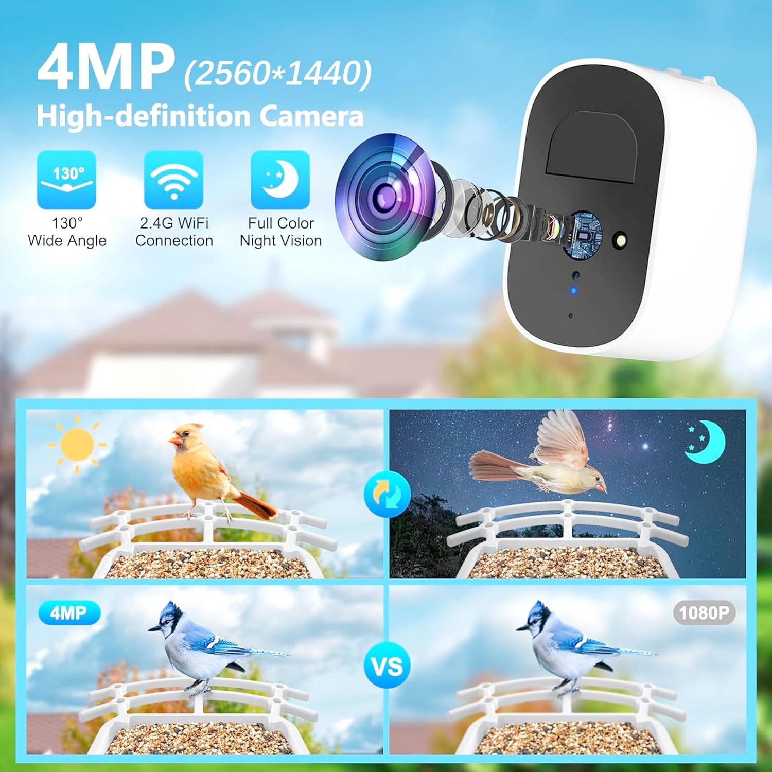 Bird Feeder with Camera, 2.5LCapacity Smart AI Identification Bird Watcher with Solar Panel, Smart Birdhouse with Night Vision Camera, 4 MP HD Automatic Bird Video Capture, Suitable for Bird Lovers