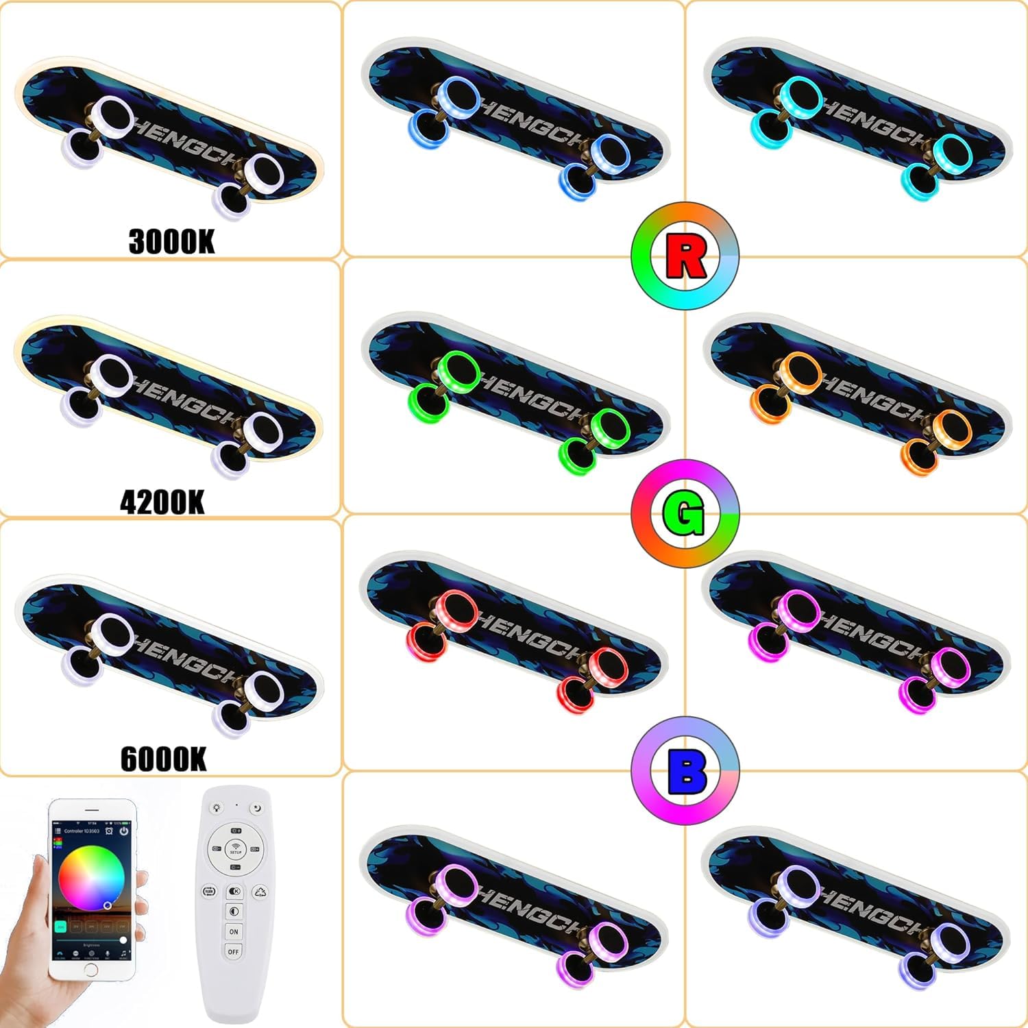 LED Deckenlampe Kinderzimmer Mit RGB Farbwechsel - Skateboard Design 60cm