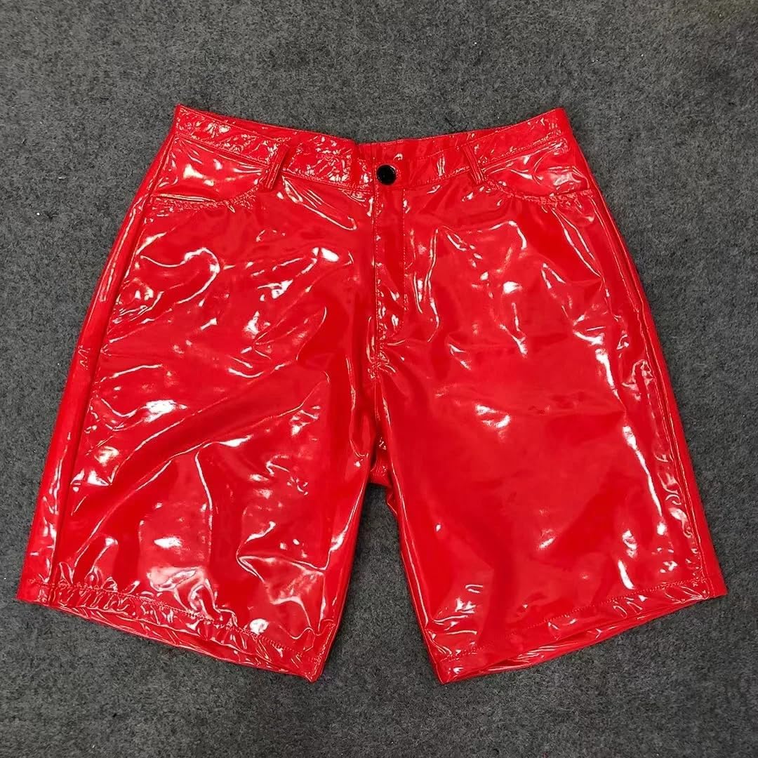 Men Reflective PU Leather Knee Pants Nightclub Bar Shorts Cropped Trousers Large Size Hip Hop Dance Costume