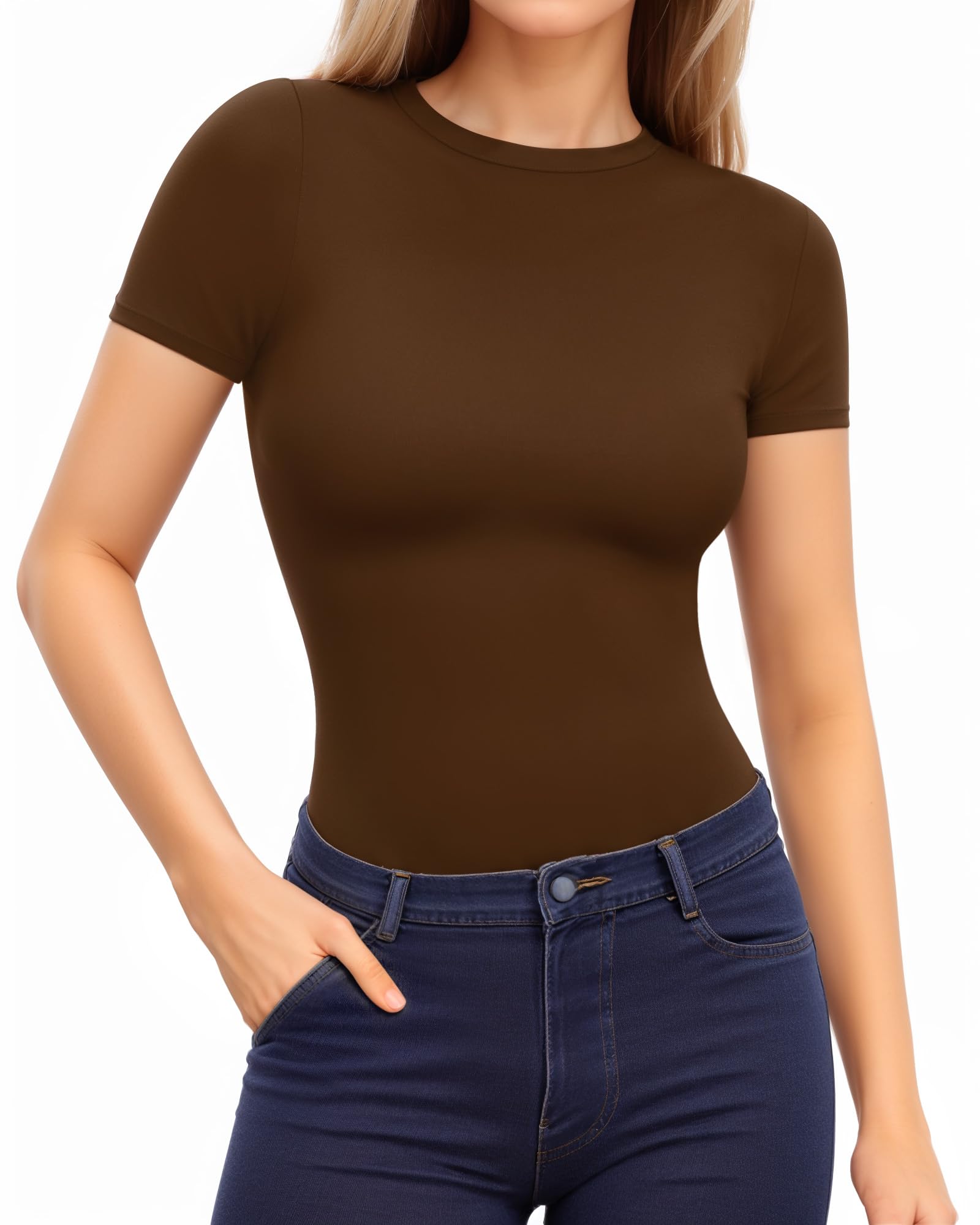 MANGOPOP Fitted Crew Neck Short Sleeve Shirts for Women Basic Tees Tops