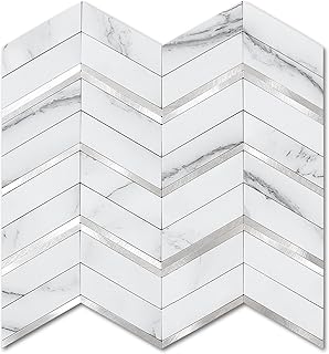 Stone Look Herringbone Peel and Stick Backsplash for Kitchen,Chevron Stick on Backsplash Mosaic Wall Tiles(White,10PCS)