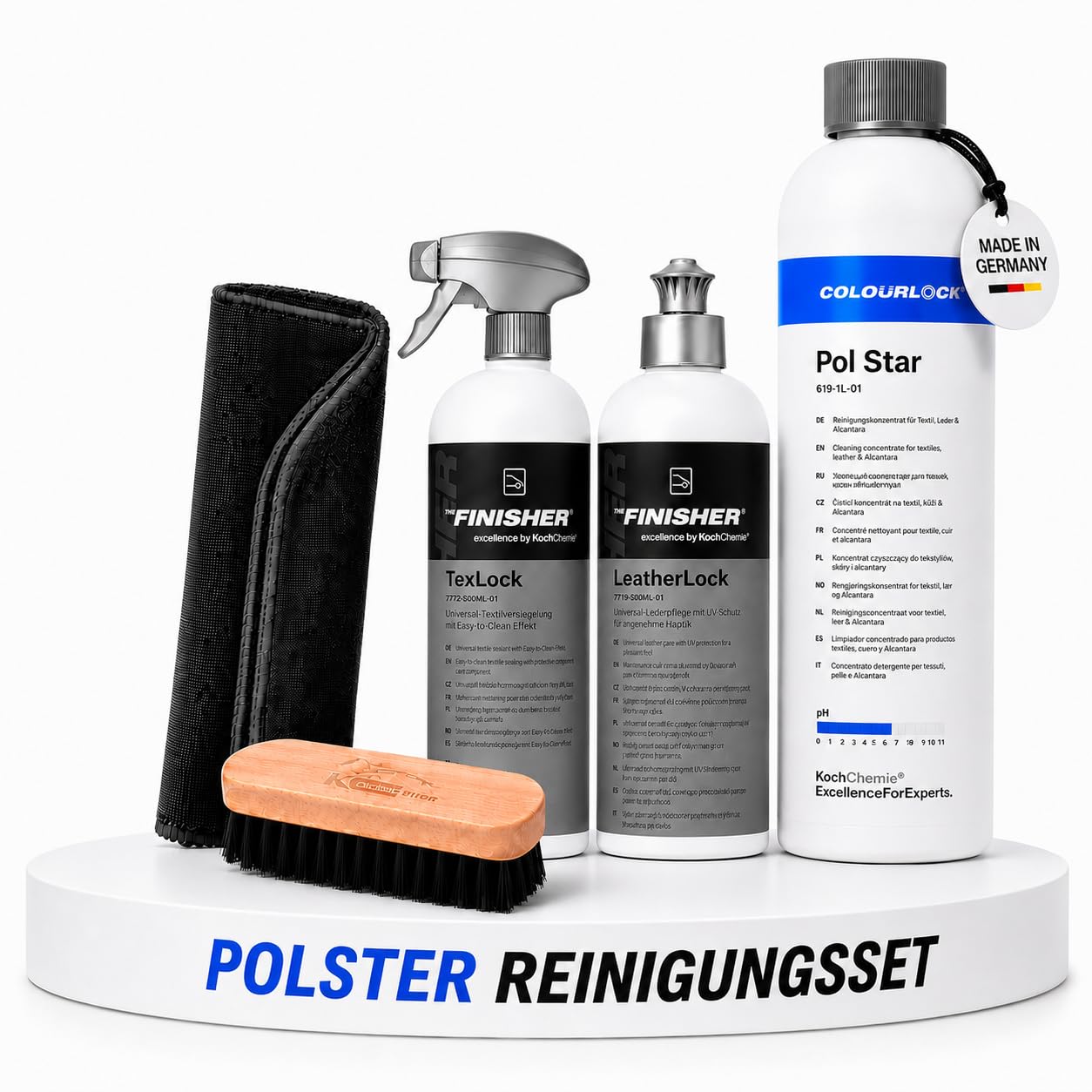 wortek Polster Reinigungs-Set: Koch Chemie Pol Star Textil Leder Alcantara Reiniger 1L + LeatherLock, TexLock, Reinigungsbürste & Mikrofasertuch für Auto Polster & Lederpflege