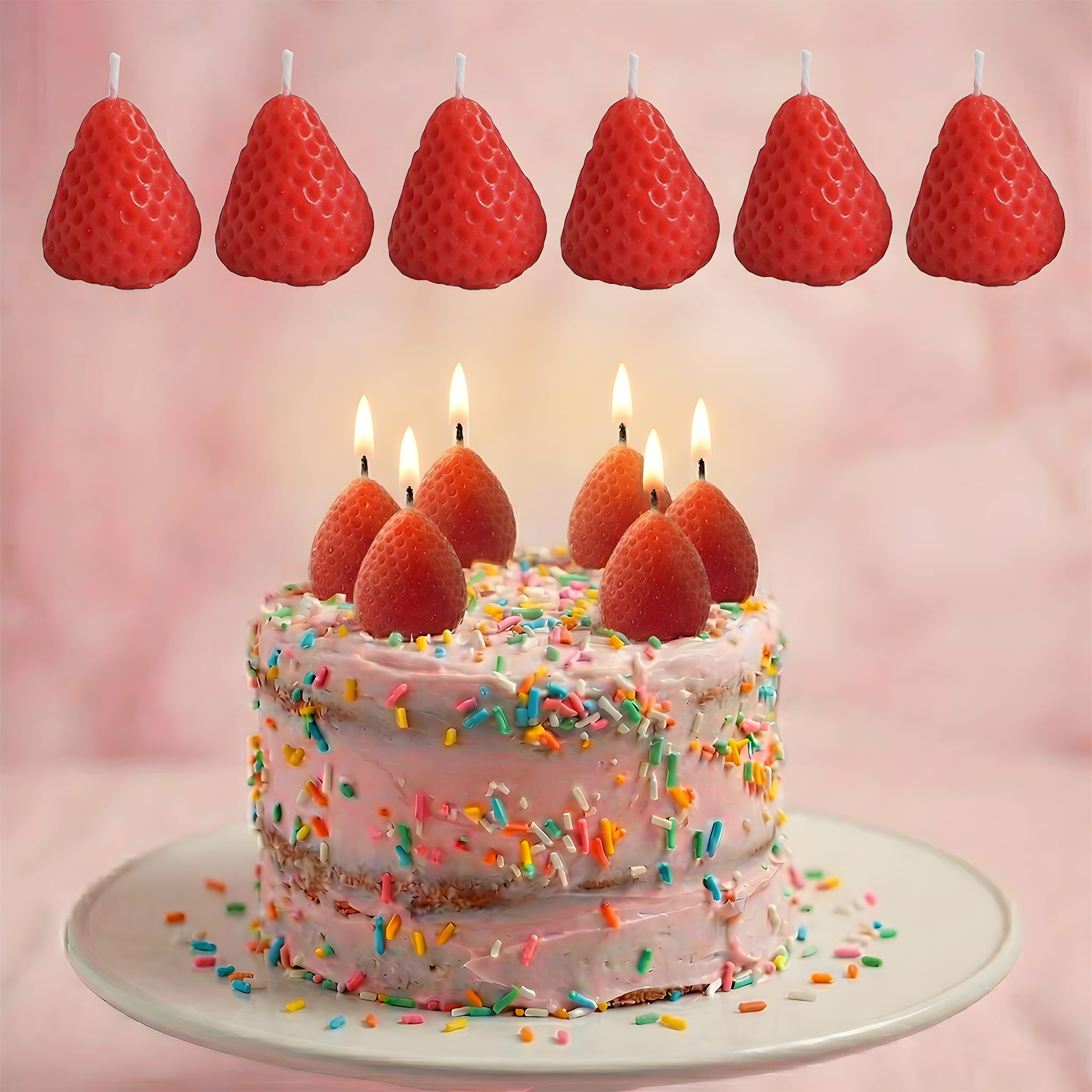 Strawberry Candles Set of 6 Mini Soy Wax Cake Candles Birthday Party, Home Decor Spa Gifts DIY Craft Projects Red