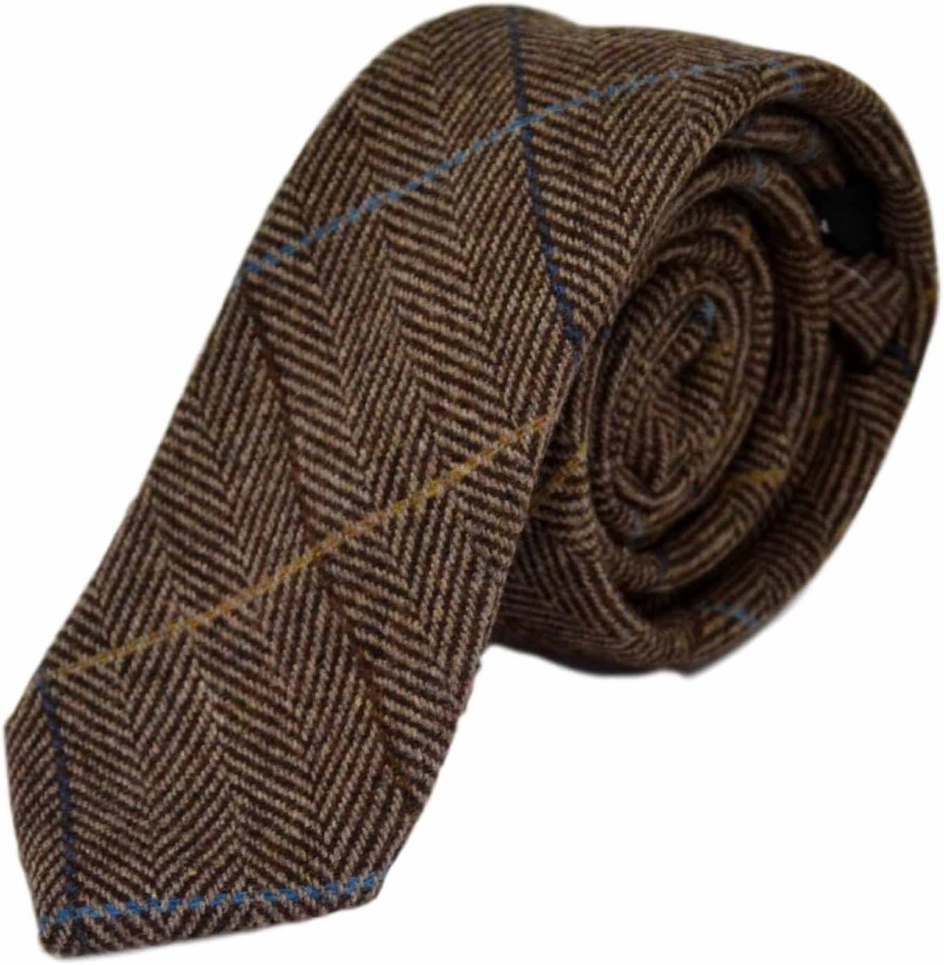 King & Priory Luxury Walnut Brown Herringbone Check Necktie & Pocket Square Set, Tweed