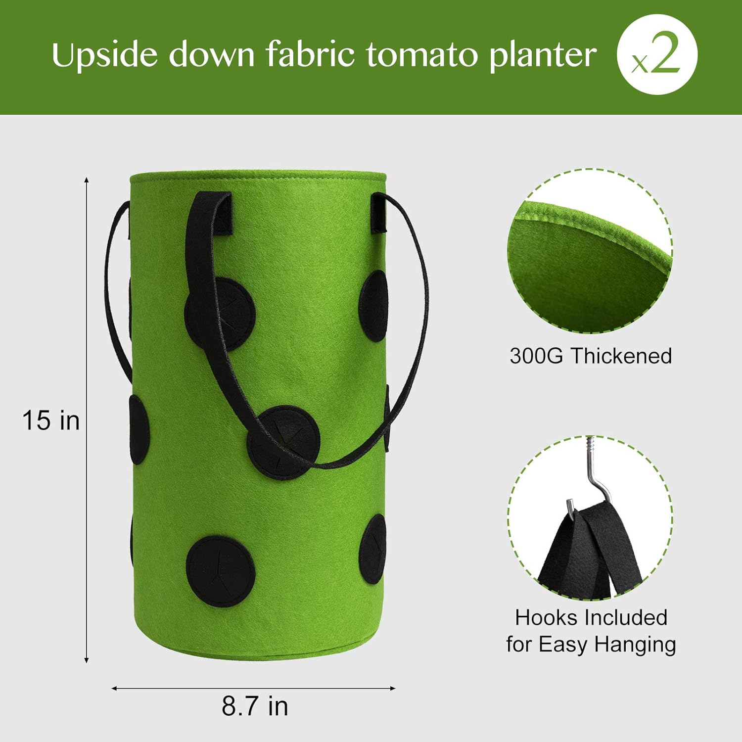 2 Pack Black and Green Upside Down Tomato & Herb Planter, Hanging Durable Aeration Fabric Strawberry Planter Bags - Image 2