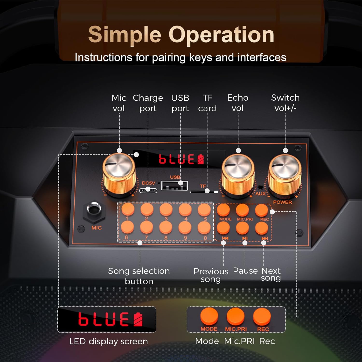 Portable Karaoke Machine with 2 Wireless Mics Bluetooth Karaoke Speaker with PA System for Adults,Parties,Home Use,Support BT/TF/USB/AUX/FM,Recording,LED Lights,Powerful Bass and Treble (K168N-Black) - Image 8