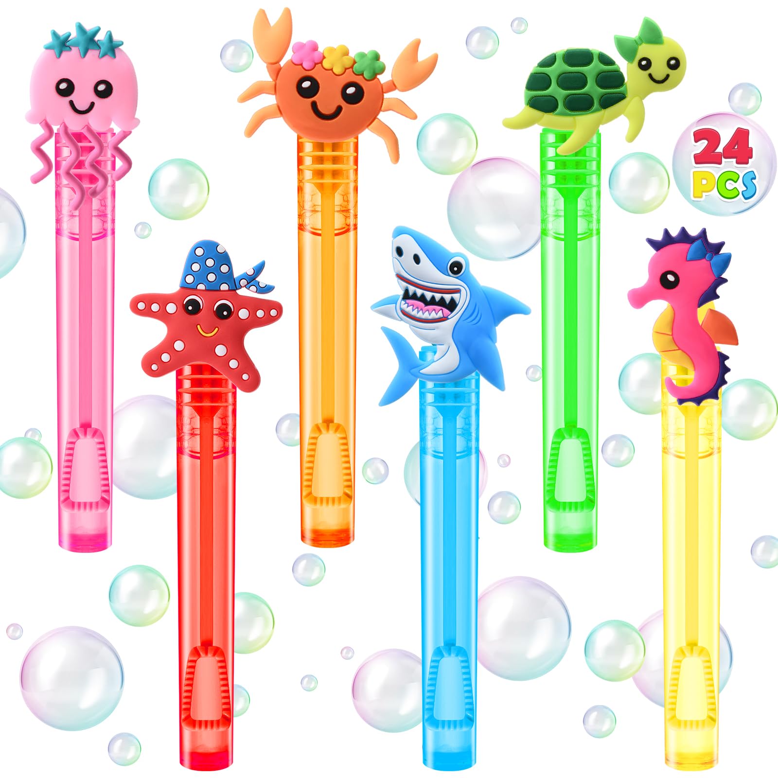 Winrayk Under the Sea Party Favors, 24Pcs Ocean Animal Mini Bubble Wands for Kids Bubbles Bulk with Detachable Topper (6 Styles & Colors), Summer Pool Beach Birthday Goody Bag Stuffer Classroom Prizes