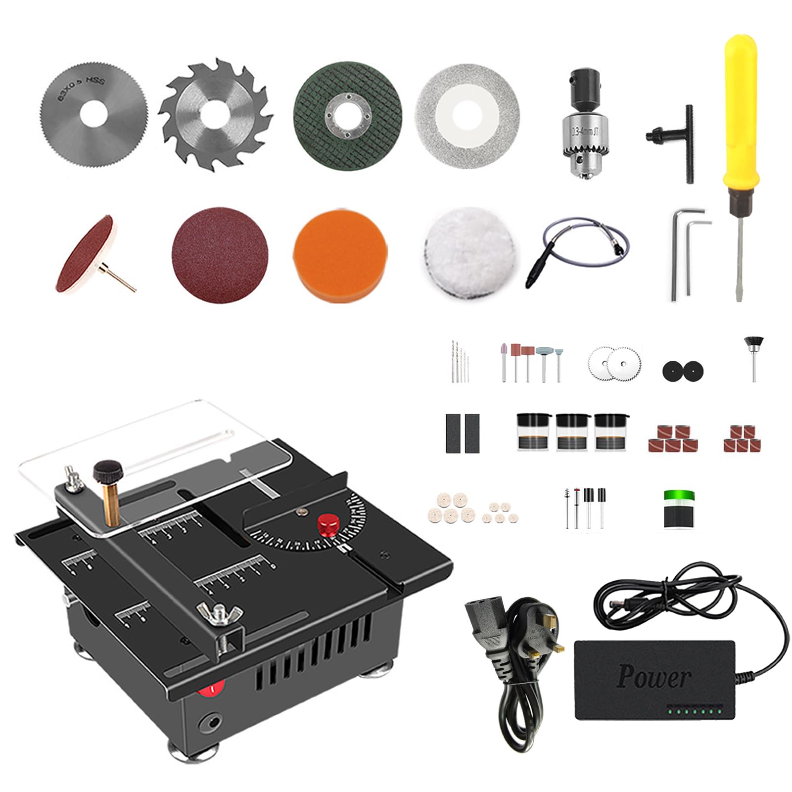 100W Multi-Functional Table Saw Mini Desktop Electric Saw Cutter Speed & Angle Adjustable 16MM Cutting Depth with Blade Flexible Shaft and More Accessories for Wood Plastic Acrylic Cutting DOOMUN