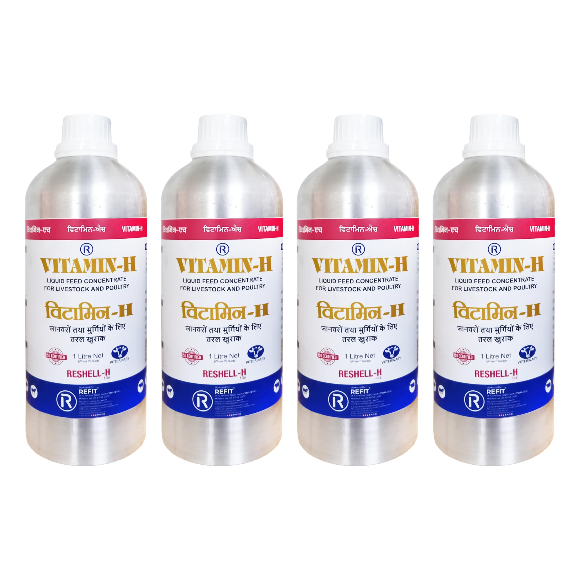 REFIT Veterinary Vitamin H Supplement for Cow, Cattle, Buffalo, Goat, Chicks, Chicken, Poultry and Livestock Animals, 1 LTR, Pack of 4, Reshell H Lite