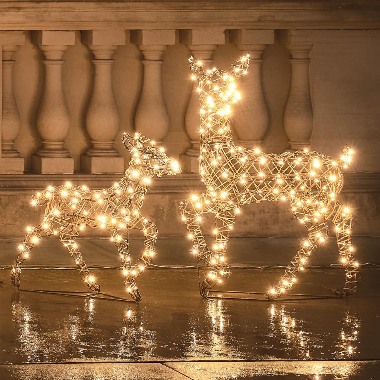 Lights4fun Dual LED Studley Doe & Fawn Light Up Reindeer Duo with 300 LED Lights | Frames, Ground Stakes and Guy Ropes Included | Indoor & Outdoor Christmas Figures
