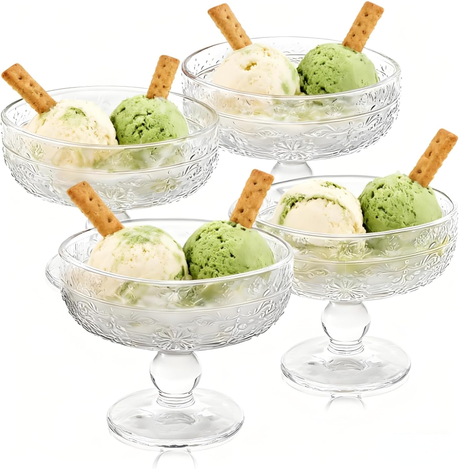 4 pack glass ice cream bowls, 12 oz vintage dessert cups, footed large sundae dish parfait serving dinnerware for pudding, fruit salad, cocktail, yogurt