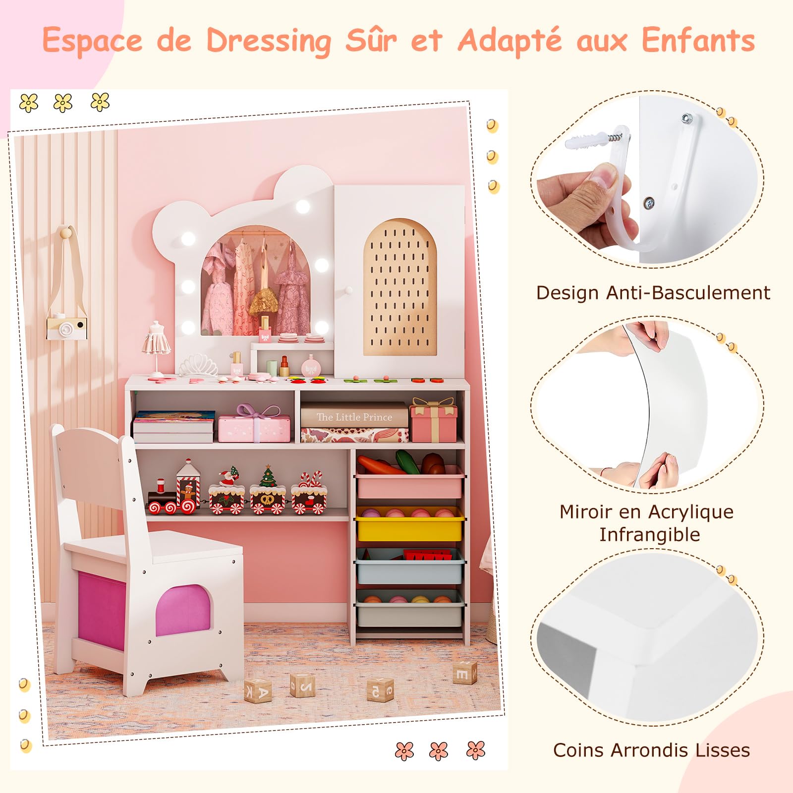 COSTWAY Coiffeuse Enfant Fille avec Chaise et Miroir Lumineux, Bureau Enfant avec 5 Tiroirs, 2 Compartiments, Armoire, Étagère Ouverte, pour Chambre d'enfant, Salle de Jeux, 3+ Ans (Blanc)