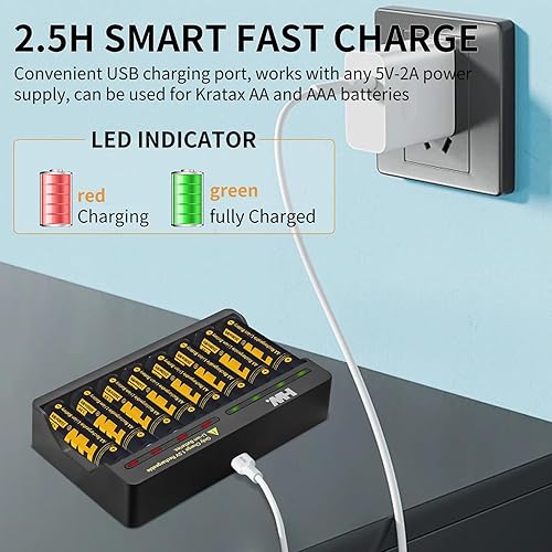 Miniatura 6 de HW Baterías AA recargables con cargador AAAAA, 1.5V, paquete de 8 Cargador de batería de litio doble A de 3500 mWh, cargador de baterías para