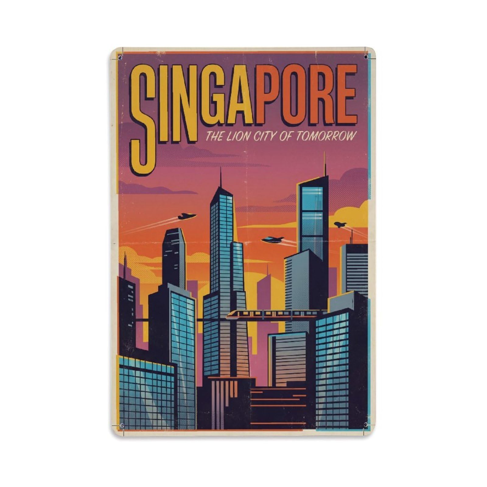 Huiyhb 8X12inch(20X30cm) Vintage Travel Singapore Skyline Metal Tin Sign